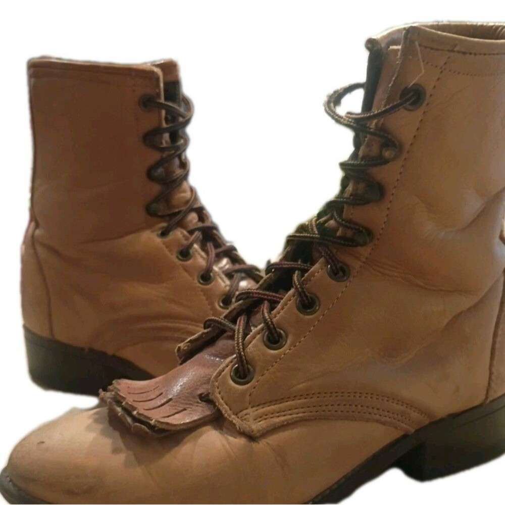 Women’s 7M LAREDO Brown Leather Kiltie Tassel Lace Up Western Boots USA - Picture 2 of 7